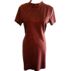 Hyfve short sleeve brown faux suede mini dress, cute scalloped edges L